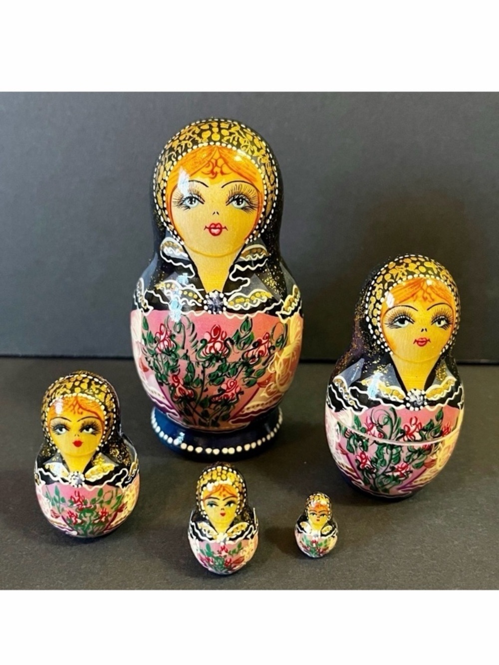 Vintage Russian Matryoshka Nesting Dolls Miniature Wood Signed Black Pink 5x